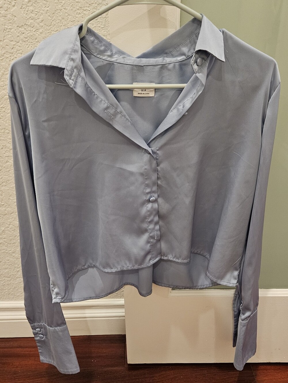 Cotton On Light Blue Satin Button-Down Crop Shirt